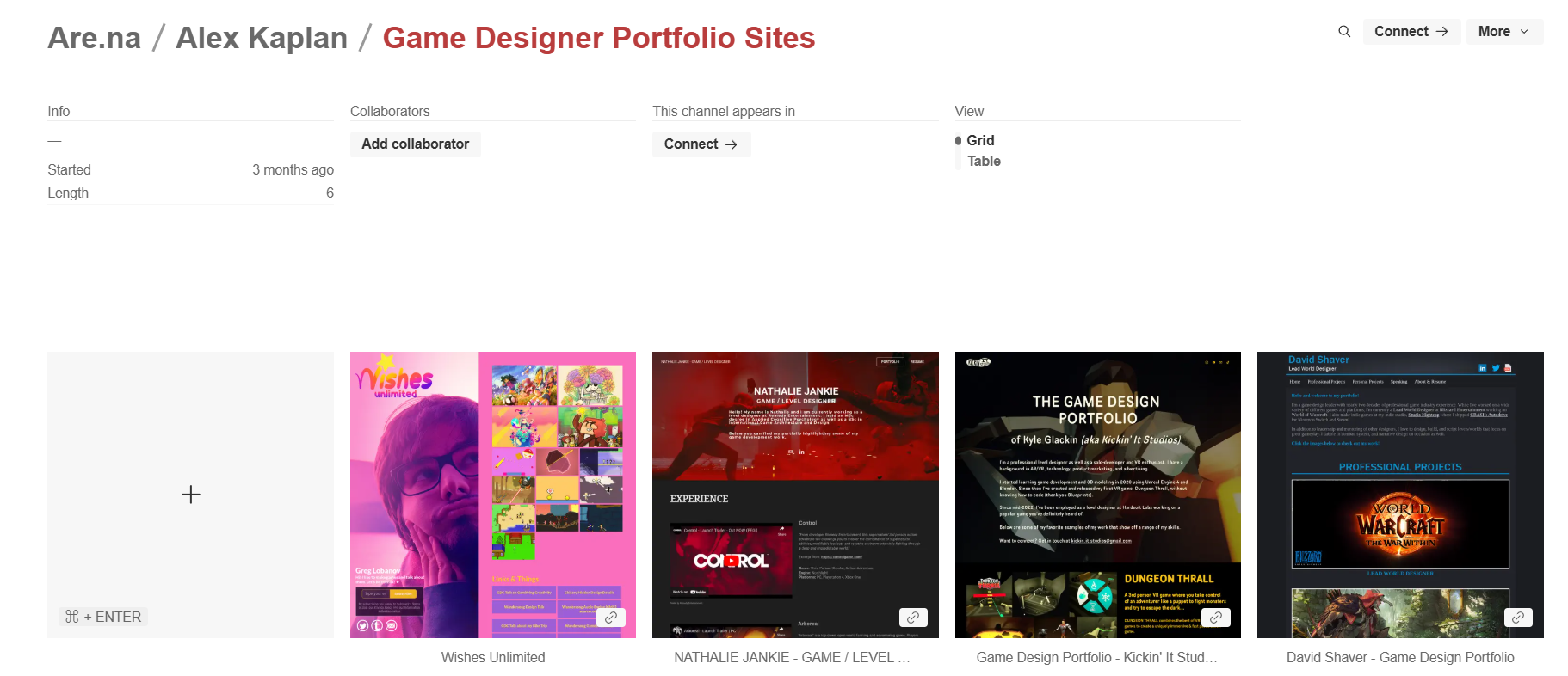 A screenshot of the are.na gallery used to collect inspiration images for the site's design.