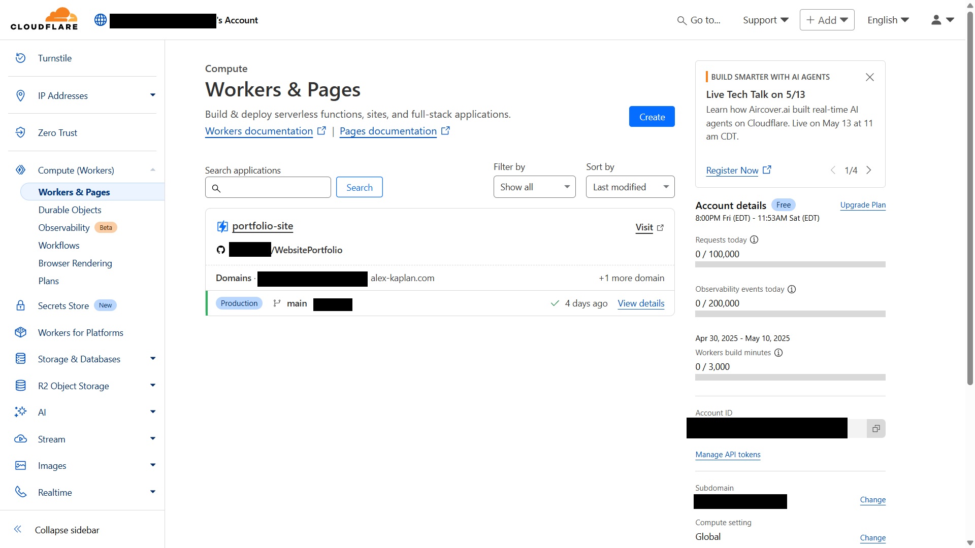 A screenshot of the Cloudflare dashboard showing the Cloudflare pages deployment for this site. Some information has been redacted.