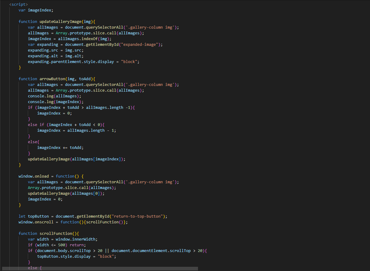 A screenshot of some of the JavaScript being used behind the scenes on this webpage, including to handle this very gallery.