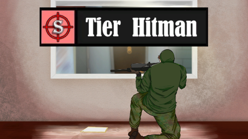 The title screen of S-Tier Hitman. The letter S sits in the center of red crosshairs, with the remainder of the words in white beside it. Below the title, a sniper dressed in green kneels at a window. On the floor to his left, there sits a manila envelope with unreadable writing.