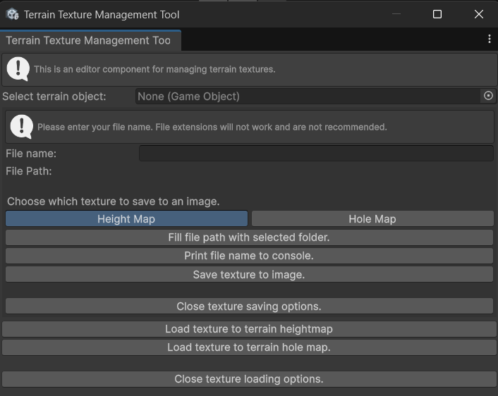 A screenshot of a custom editor window in Unity. It provides multiple options for saving and loading terrain textures to and from files. It allows for this to be done with height and hole maps.