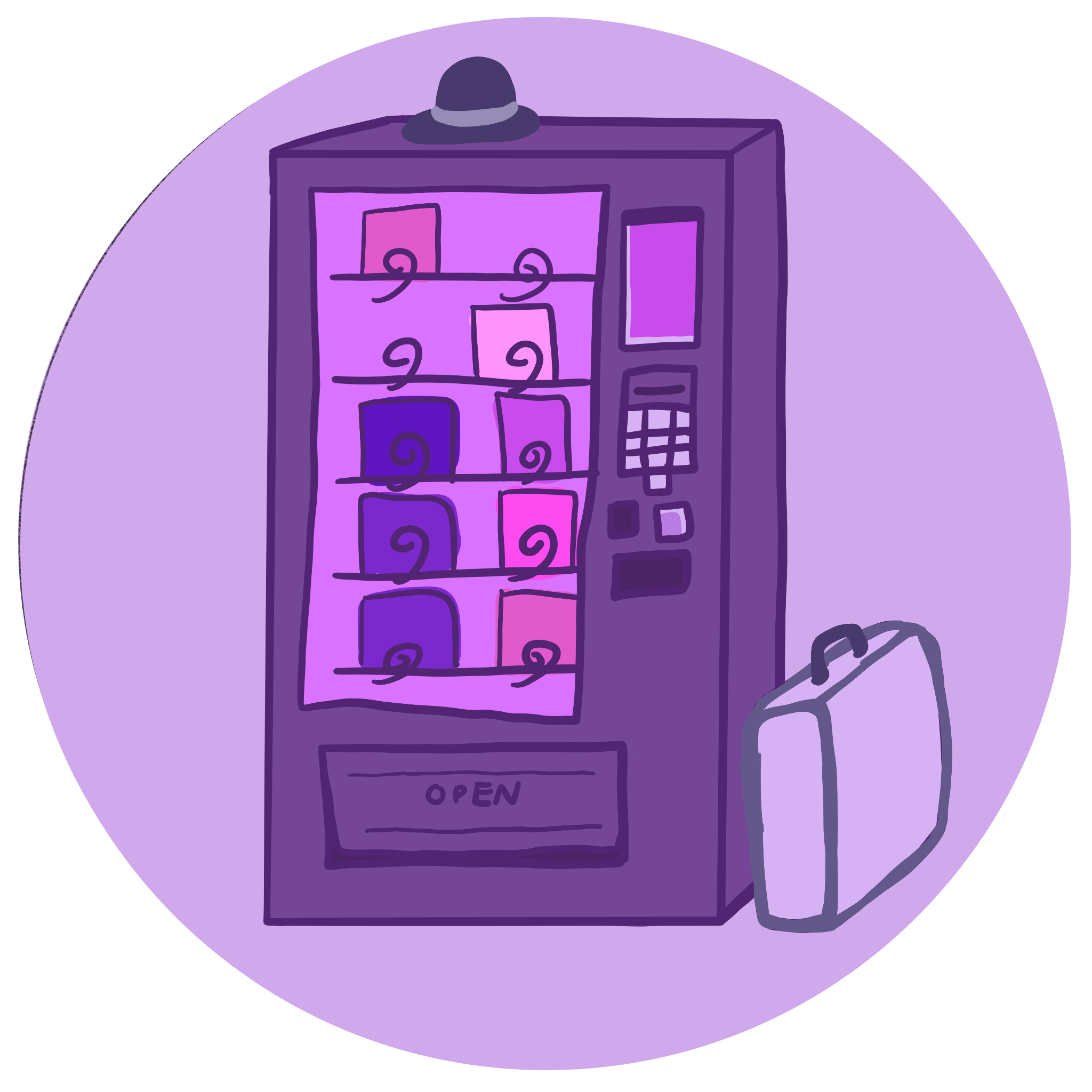 The logo for the hospitaliton faction in CT3000. It depicts a vending machine with a briefcase.
