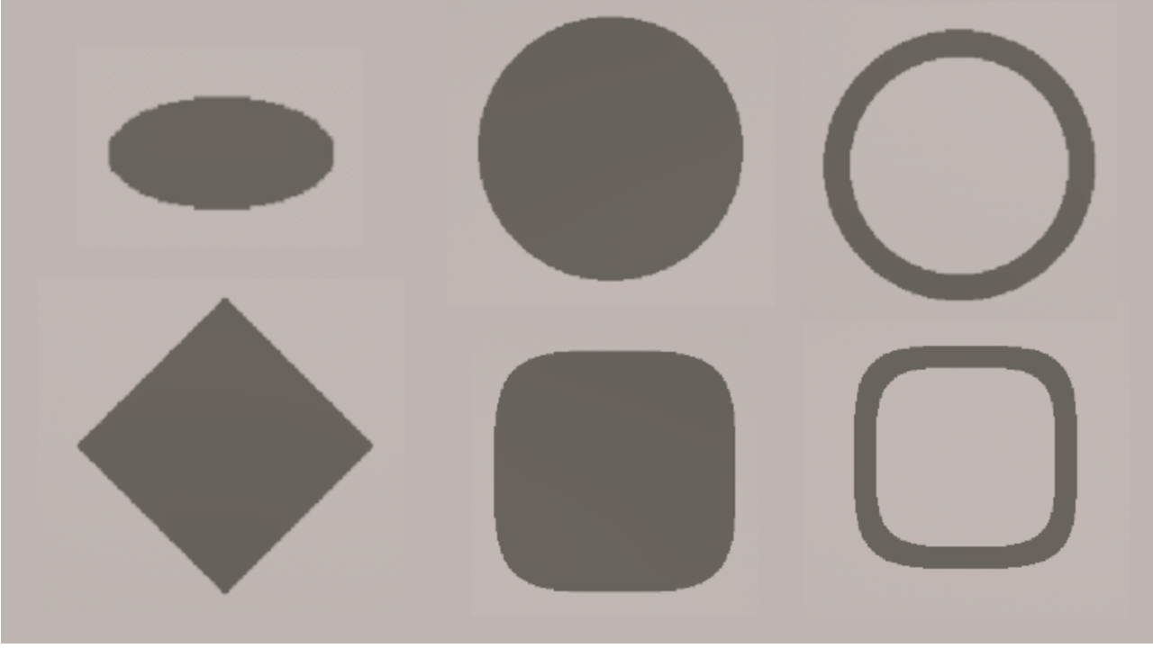 A set of built-in hole shapes that come with the utility. The shapes are ellipse, diamond, circle, squircle, ring, and squared ring.