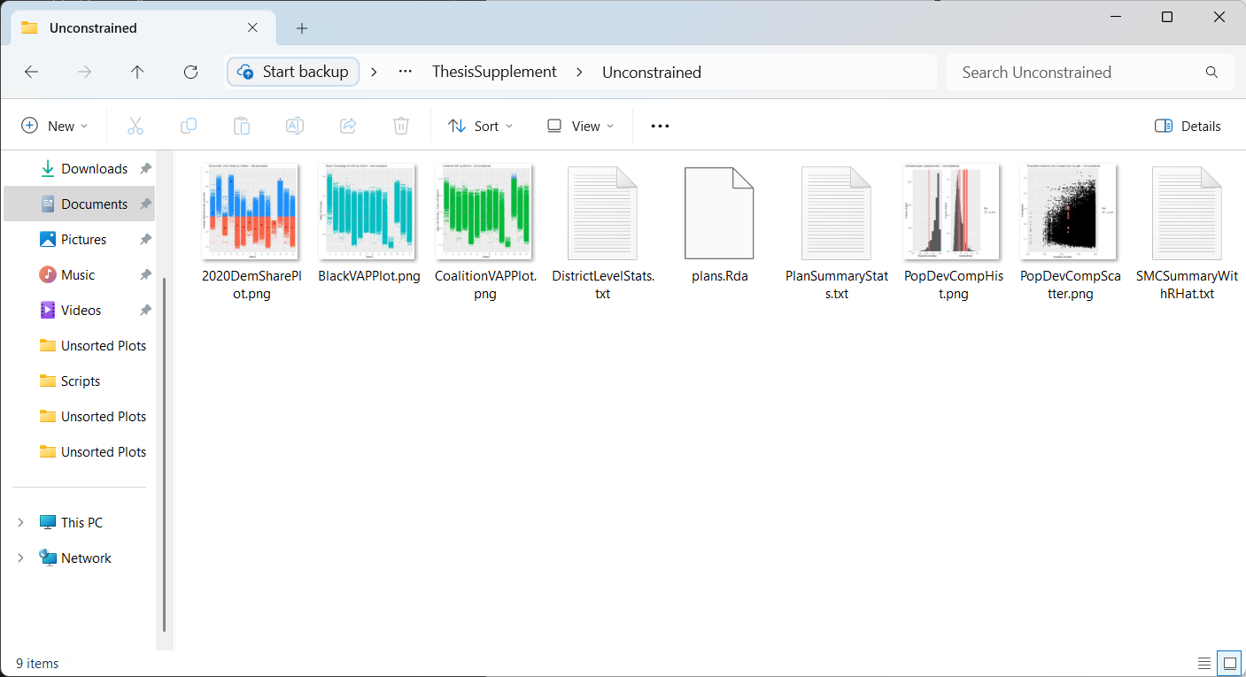A screenshot of the automatically generated outputs from the thesis program, including five different plots and four statistic collections.