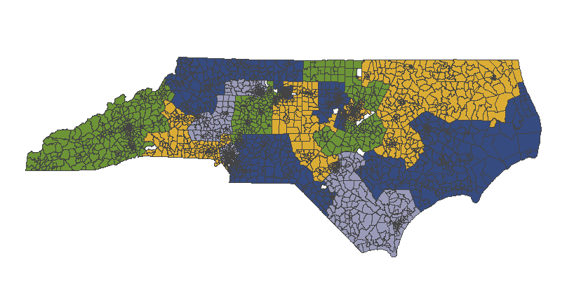 A map of the voting blocks in North Carolina, with the fill color corresponding to congressional districts.